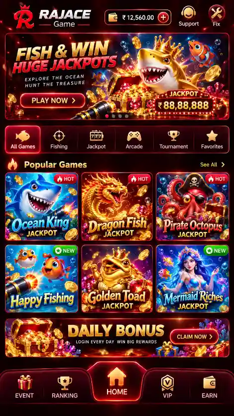 RAJACE Game fishing screen with jackpot fishing and online play options