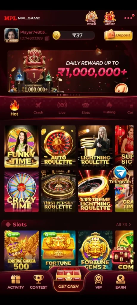 MPL Game daily win screen with online play, bonus rewards and gaming offers